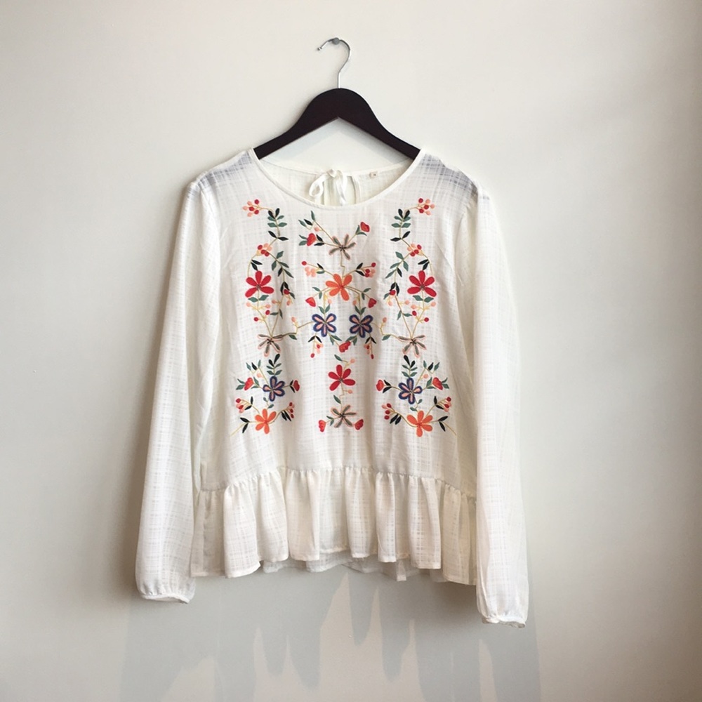 White flowy flower embroidered blouse